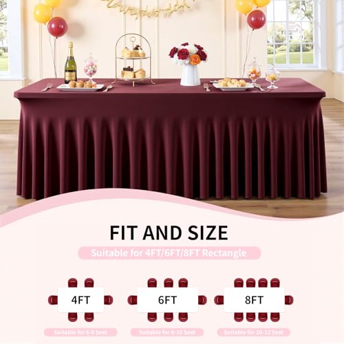 Image of Outpain 6ft Spandex Table Cloth for Standard Folding Tables-6Pack Burgundy Table Cloth Table Protector for Party, Wedding, Cocktail, Banquet, Festival