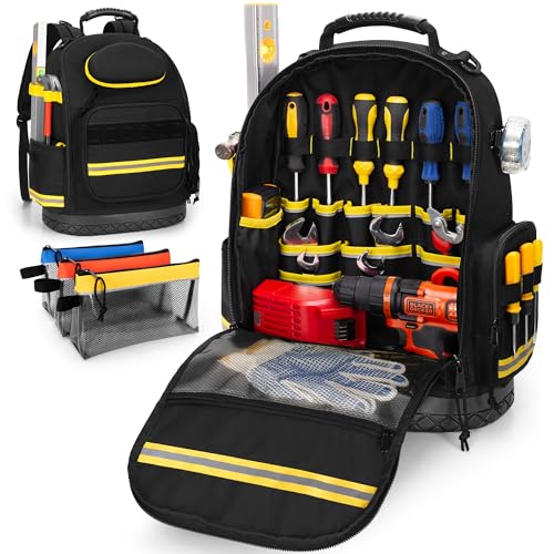 Trahzia Tool Backpack for Men with Hard Bottom, Heavy Duty Tool Bag with 3 Tool Pouches, Tool Organizer for Electrician, Construction, Technician, Black
