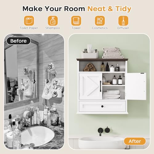 Image of Bathroom Wall Cabinet, Wall Mounted Medicine Cabinet 24.4 inchH x 23.6 inchW x 9 inchD | With Drawer, Barn Doors & Adjustable Shelf, White Over Toilet Farmhouse Storage Cabinet for Kitchen, Laundry Room, Entryway