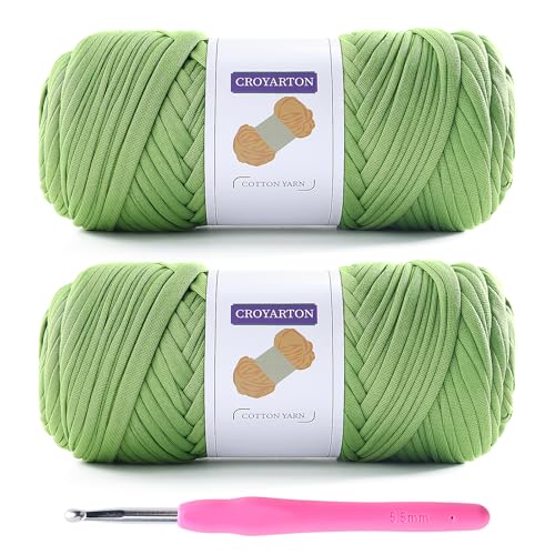 Image of 2 Pack T Shirt Yarn for Crocheting with 1 Crochet Hook, Elastic Tshirt Yarn for Crochet Bag /Baskets /Home Decor, Spaghetti Yarn Thick Knitting Yarn Total Length 130 Yds (Autumn Fragrant Green)