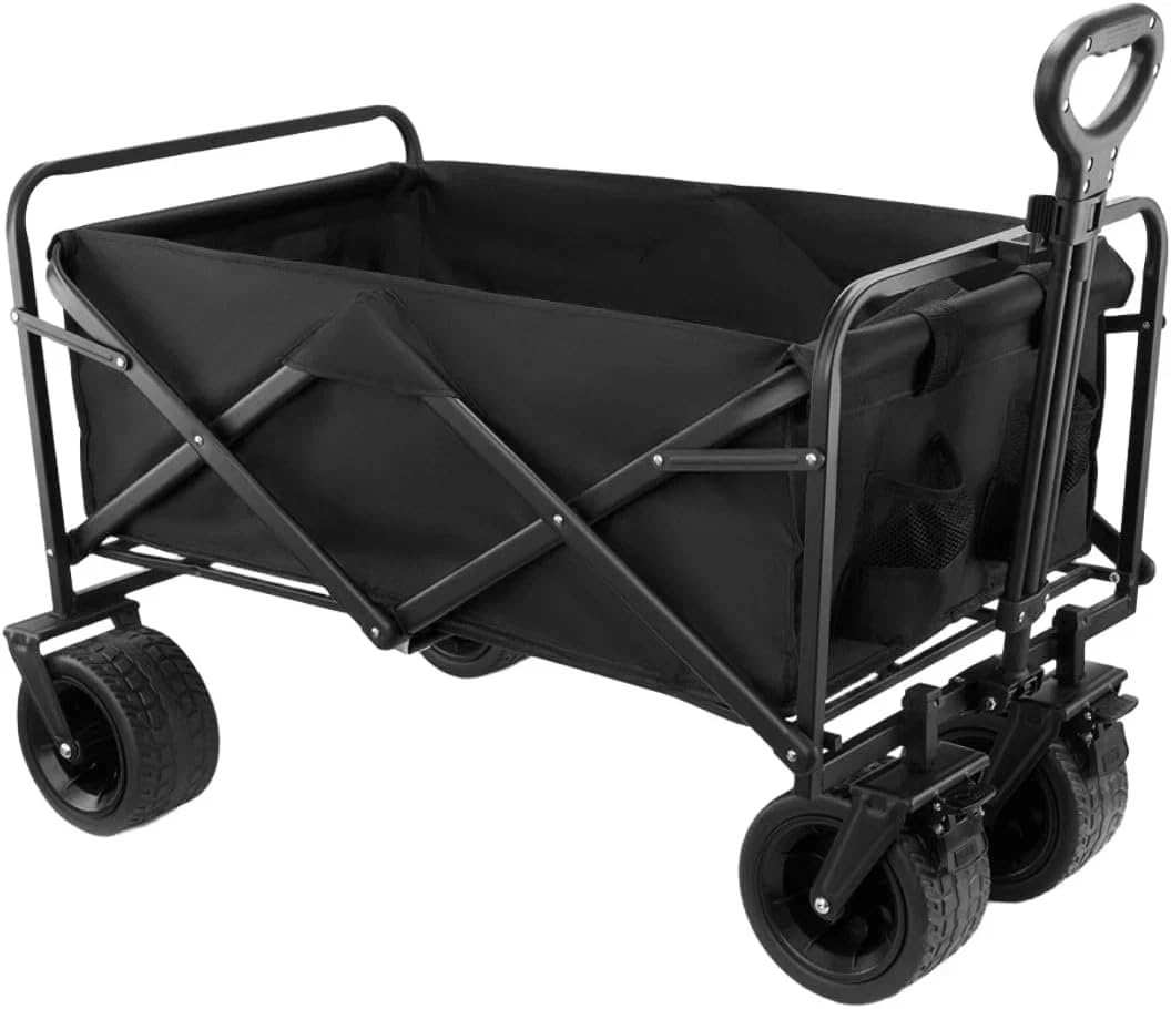 Carrello Giardino Pieghevole 90L Portata 65kg, 4 Ruote di cui 2 Girevoli 360°, Telaio Acciaio Tessuto Oxford 600D Impermeabile, Manico Regolabile 61,5-82cm, Spiaggia Casa Orto