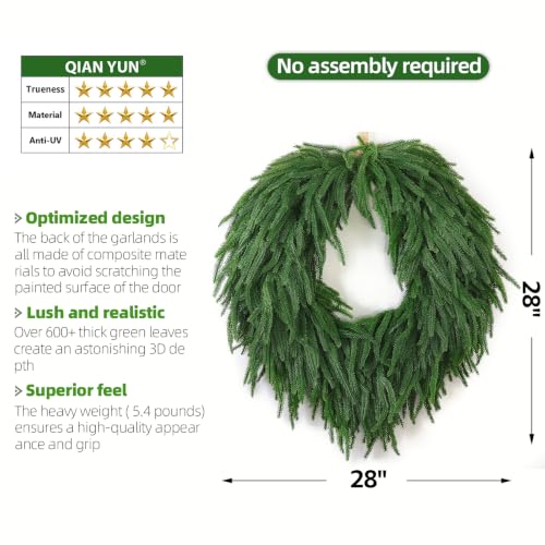 Image of 28 inch Norfolk Pine Christmas Wreath for Front Door - Large Artificial Greenery Wreath for Wall, Porch, or Indoor Outdoor Holiday Decor - Real Touch Pine Foliage (1, 28 inch)