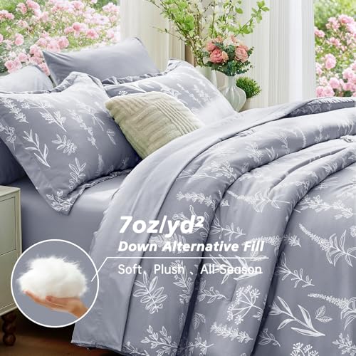 Image of MUXHOMO Light Grey Full Comforter Set, Elegant Floral Print Bed in a Bag 7 Pieces, Ultra Soft & Breathable Reversible Botanical Pattern Bedding Set with Comforter, Sheets, Pillowcases, and Shams