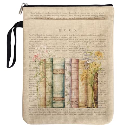 Vintage Book & Wildflower Book Sleeve Pouch, Book Lovers Gifts for Reader Bookworm Bookish, Reading Accessories for Student Teachers, Book Covers Protector for Paperbacks with Handle