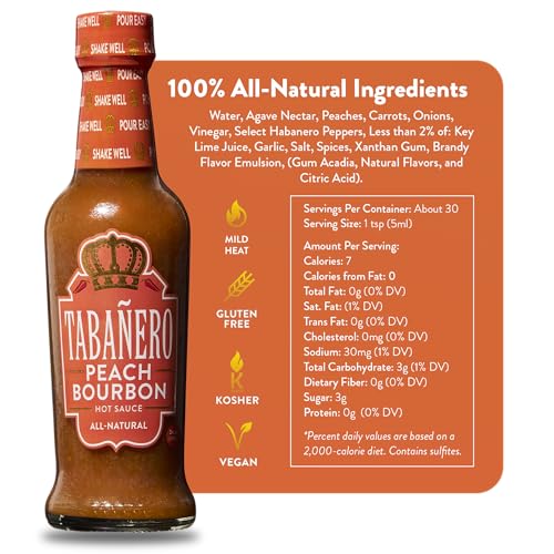 Image of Tabanero Peach Bourbon Hot Sauce, Made in the USA, 5 oz Small Glass Bottle