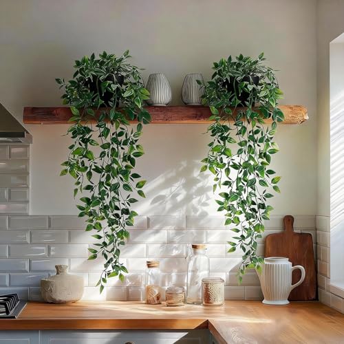 INSANYJ 2 Stück Kunstpflanze, Hängepflanze Künstlich mit Töpfen, Efeu Künstlich Blätter 85cm Lang, Künstliche Pflanzen Plastik Pflanze Mandala für Wohnzimmer Deko und Zimmer Tischdeko