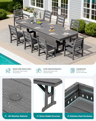 Image of SERWALL 9 Piece 84 inch HDPE Outdoor Dining Set with 6 Armless Chairs, 2 Armchairs and Umbrella Hole for 8, Gray