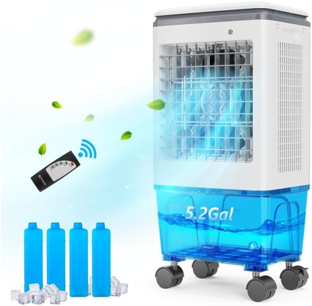 ROVSUN 5.2 Gal Portable Swamp Cooler, 1400CFM Evaporative Air Cooler with Auto Oscillating, Remote, 3 Speeds, 12H Timer & 4 Ice Packs, 3-IN-1 Humidifying Cooling Fan Indooor Outdoor Patio Garage