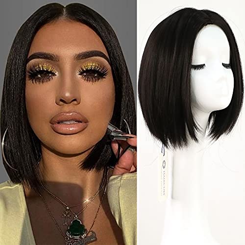 HAIRCUBE Short Bob Hair Wigs Straight with Flat Bangs Synthetic Cosplay Daily Party Wig for Women Natural Hair 12"