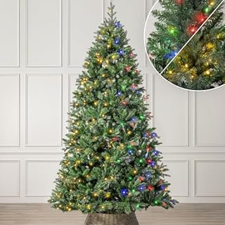 Christow Pre-Lit Christmas Tree 8ft, Dual-Colour LED Lights (Switch from Warm White to Multi-Coloured), Fraser Fir, PE & PVC Tips, Hinged Branches, 11 Modes – Colour Changing, Timer, 142cm Diameter