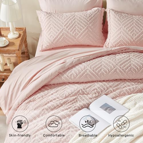 Image of Zzlpp King Comforter Set 7 Pieces, Pink Tufted Bed in a Bag with Comforter and Sheets, All Season Boho Bedding Sets with 1 Comforter, 2 Pillow Shams, 2 Pillowcases, 1 Flat Sheet, 1 Fitted Sheet