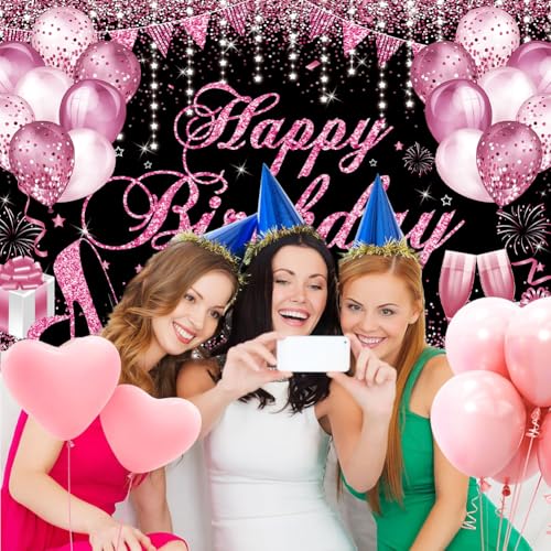 Image of Happy Birthday Banner - Birthday Decorations for Women Girls Pink Birthday Party Banners Welcome Happy Birthday Background Sign for Theme Party Decorations Indoor Outdoor