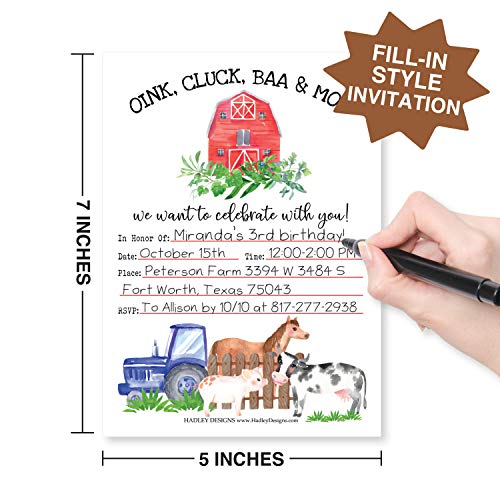 Image of Hadley Designs Kids Birthday Invitations For Boys and Girls Barnyard Theme - 25 Farm Animals Birthday Party Invitations For Boys, Tractor Barn Invites For Girls, Cute Ranch Party Supplies, Made In USA