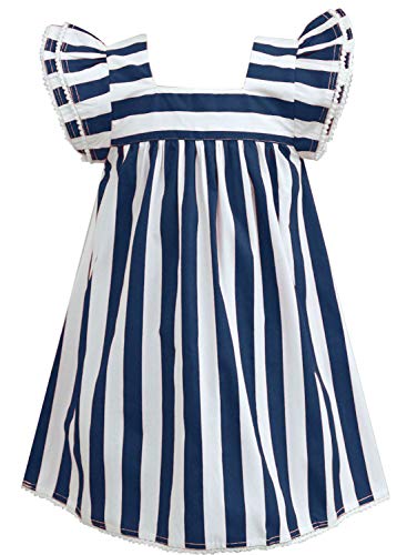 Image of A.T.U.N. (ALL THINGS UBER NICE) Girls Cotton Navy Striped Knee Length Flutter Sleeve Casual Dress