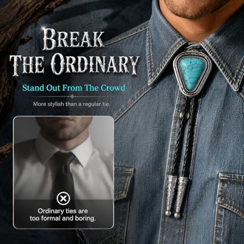 Image of Turquoise Bolo Tie for Men, Leather Braided Necktie Western Cowboy Bola Tie Costume Accessories for Men Women