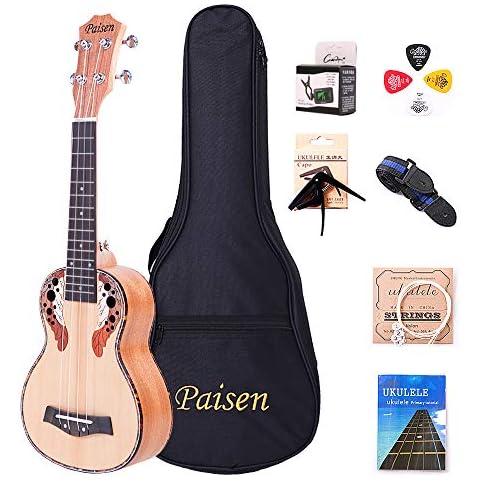 Paisen Spruce Panel 21-inch Soprano ukulele Hawaii Ukulele for Beginner and Children Send with thick Bag Tuner Capo Strap Picks Full set of accessories Cover