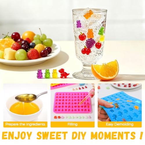 Image of Gummy Candy Chocolate Molds - Silicone Mini Gummy Bear /Dinosaur /Fruit Snack Molds with 2pcs Dropper, Non-stick for Candy Chocolate Gummies Baking