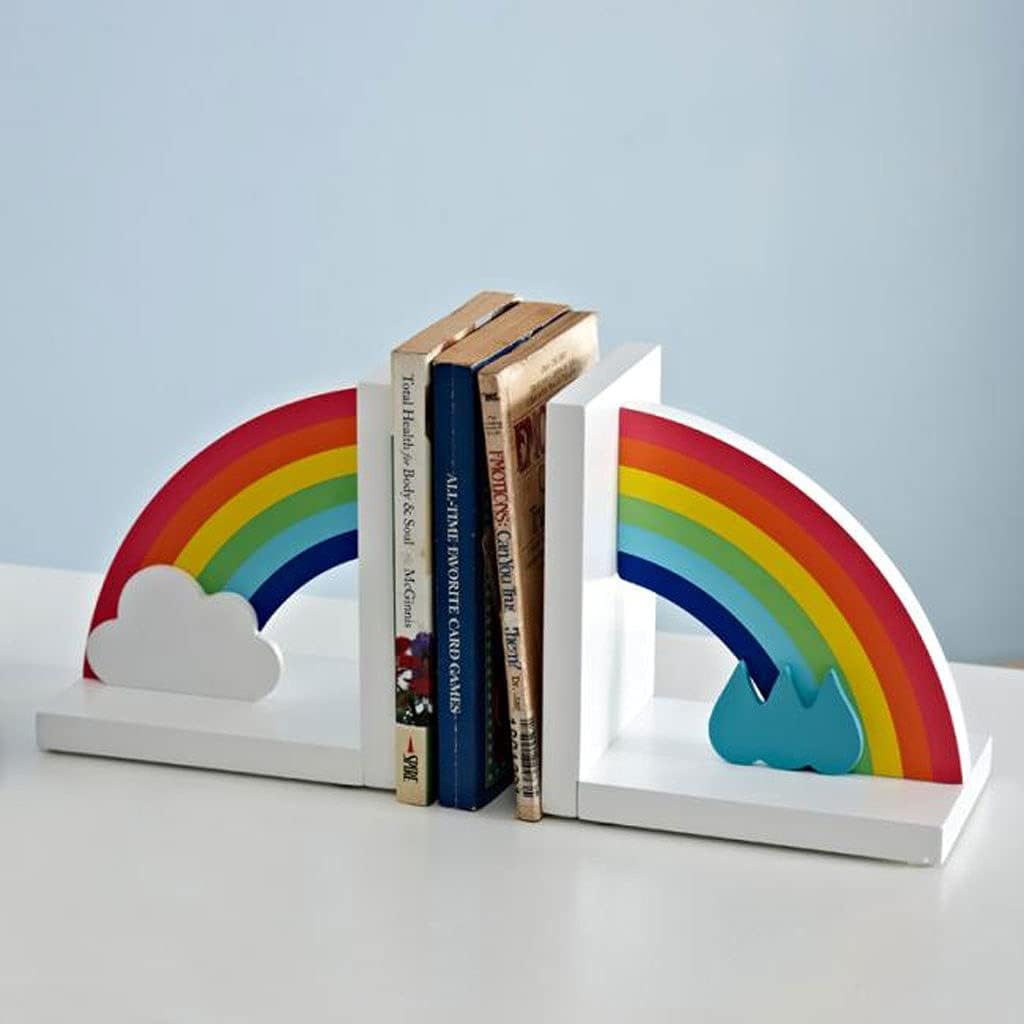 Home Bookshelf Wooden Rainbow Book Ends Non-Skid Cute Kids Bookends for Girls Home Children's Room Classroom Nursery Decor, Pack of ​Shelves