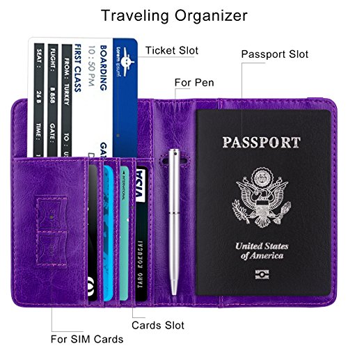 Image of WALNEW Passport Holder for Travel, RFID Passport Cover Wallet for Women Men, PU Leather Passport Book Card Holder Case with Pen (Elastic Band Closure, A-Purple)