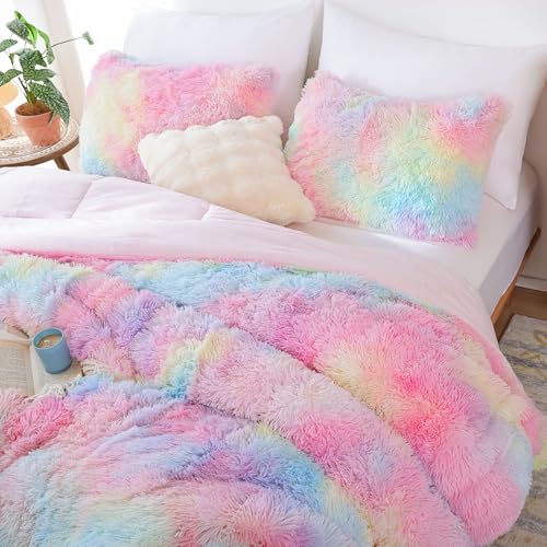 Smoofy Fluffy Twin Comforter Set, Faux Fur Comforter Set, Luxury Fuzzy Twin Bedding Set, Soft Shaggy Bed Set for All Season, 2 Pieces - 1 Comforter & 1 Pillowcase, Tie-Dye Pink
