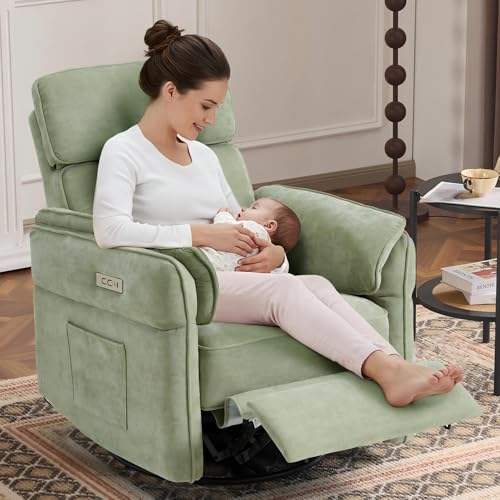 MELLCOM Rocking Chair Nursery with Adjustable Armrests and Headrest, Power Swivel Reclining Chairs with USB Port and Storage Bags,Electric Glider Recliner Nursing Chair, FSC Certified (Fabric, Green)