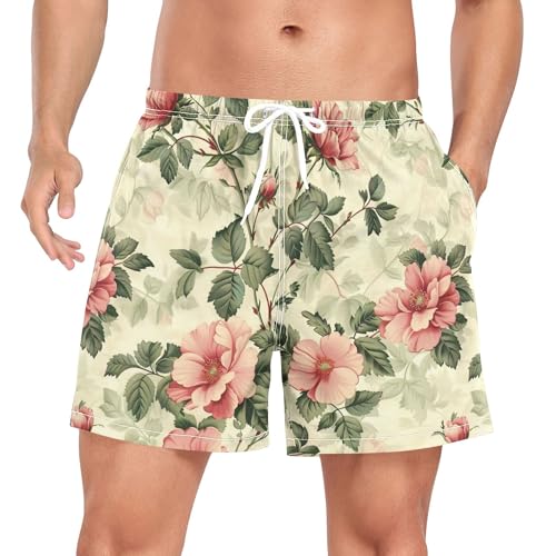xigua Vintage Floral Mens Swim Trunks with Liner, 5 inch Quick Dry Mens Boardshorts for Beach