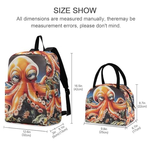 Backpack Lunch Box Set Large Capacity Travel Backpacks and Insulated Lunch Bag for Commute Hiking Picnic Cute Octopus Print2