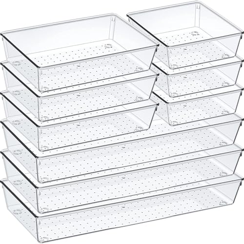 Image of 9 Pack Clear Plastic Drawer Organizer Set, Acrylic Non Slip Non Cracking Kitchen Drawer Storage Tray Large Size Divider, Multifunctional Storage for Cosmetics, Bathroom, Tools, Kitchen and Office