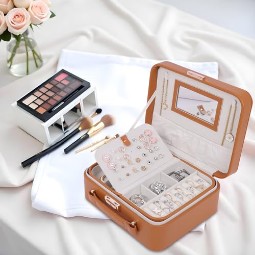 Image of BucketList PU Leather Jewellery Organizer Box with Mirror & Necklace Hooks | Large Multi-Compartment Storage Case with Removable Tray & Mini Travel Box (Luxury Jewelry Box with Mirror (Caramel))