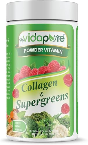 MYVIDAPURE InstaSorb - Péptidos de colágeno (Tipo I, III) + Supergreens Ð 30 porciones, sabor natural a frambuesa, alimentado con pasto, proteína de