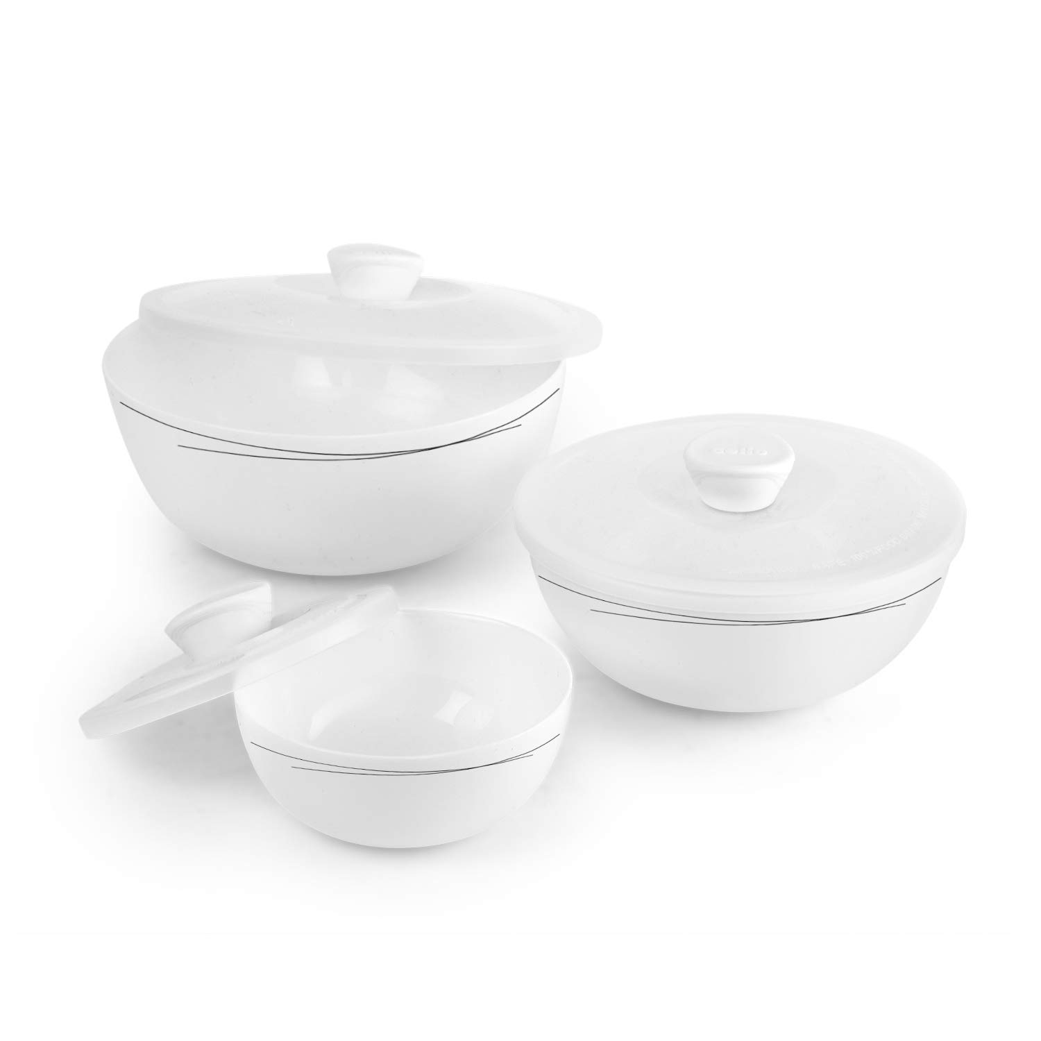 Cello Opal Ware Royale Mixing Bowls with Lids -3, Black Curves, White