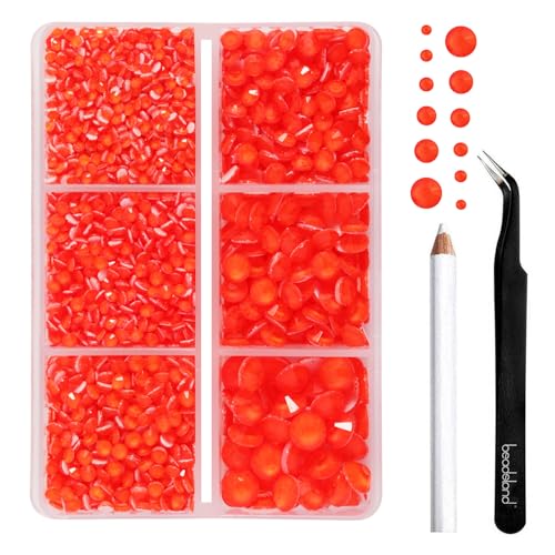 Image of BEADSLAND Hotfix Rhinestones, 4000 PCS Rhinestones for Clothes Crafts Mixed 6 Sizes with Wax Pencil and Tweezers Kit, SS6-SS30, Neon Orange