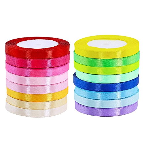WOIWO 5 rollos de cinta de tela de satén de seda para lazos, manualidades, regalos, decoración de fiestas, bodas, color al azar