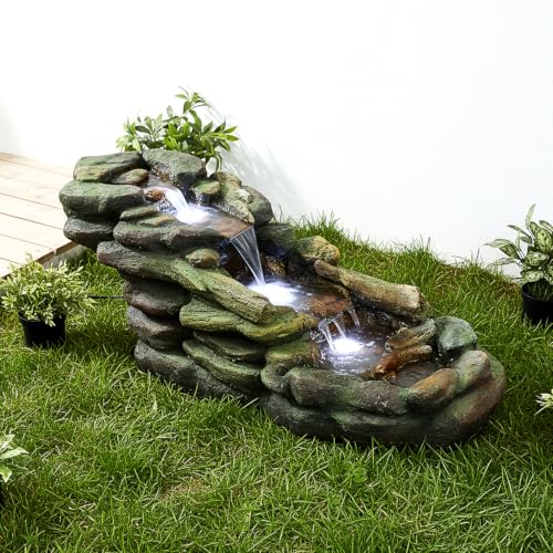 Image of SunJet Cascading Rock Outdoor Water Fountain with LED Lights - 39 inch Length Resin Stone Look Garden Waterfall Fountain, Freestanding Floor Fountain with UL Certified Pump for Patio Backyard Yard Decor