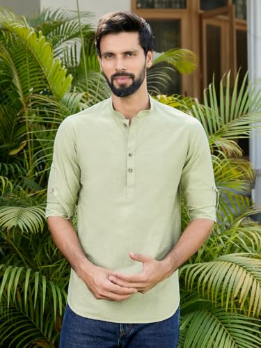Image of See Designs Men's Roll-Up Sleeve Mandarin Collar Deluxe Cotton Solid Short Kurta (Pack of 2) - Festive Collection