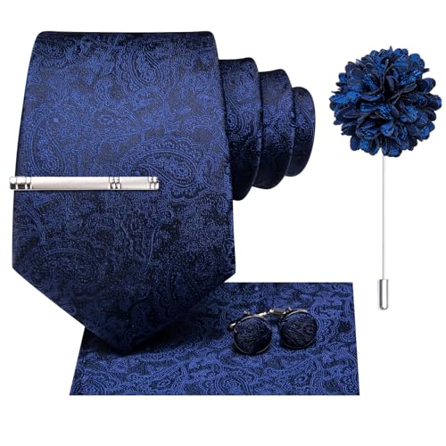 Image of Hi-Tie Paisley Mens Navy Blue Ties Silk Neckties and Pocket Square Lapel Pin Silver Tie Clip Cufflinks Set Wedding Business 6PCS