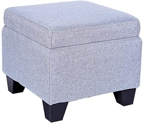 Pouf ottoman en lin gris bleu avec rangement coffre et pieds en bois de taille S