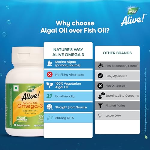 Image of Nature's Way Alive Omega 3 -500 mg|Pure Algal Oil Plant Omega for Heart & Brain Wellness -100% Veg,No Fish Burps - 200 mg DHA Supports Heart ,Joints ,Brain & Eye Health - 60 Capsules for Men & Women - Easy absorption
