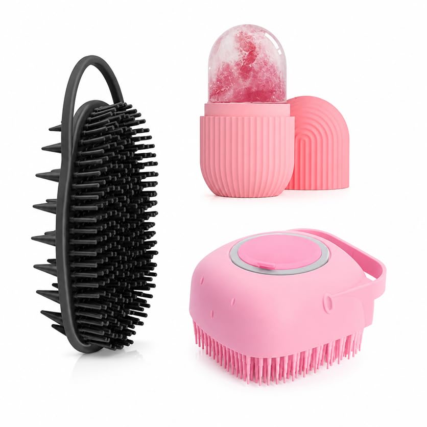 3-in-1 Self Care Kit | Silicone Scalp Massager & Body Scrubber Brush, Bath Shower Brush and Reusable Ice Face Roller | Men & Women (pack of 3)-image-46