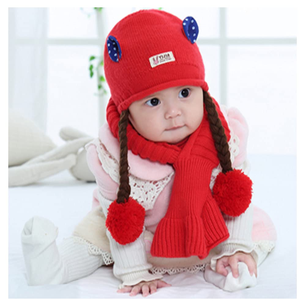 VINSON Kids Girl's Soft & Cozy Choti Style Winter Warm Knitted Woolen Cap with Muffler Set (Red)-(2-4 Year)