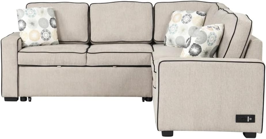 83" L-Shaped Sofa, Convertible Sleeper with Pull Out Bed,2, Power Sockets