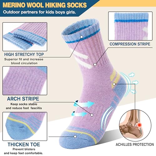 Kids Merino Wool Hiking Socks Boys Girls Toddler Thermal Winter Warm Thick Cushioned Moisture Wicking Socks 6 Pairs3