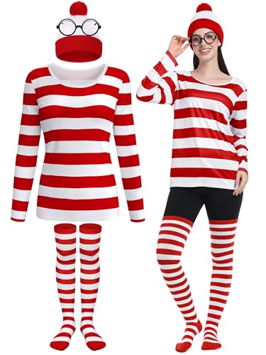 FancyFun 4 Pieces Adult Halloween Costume Set, Womens Costume Set Cosplay Red and White Striped...