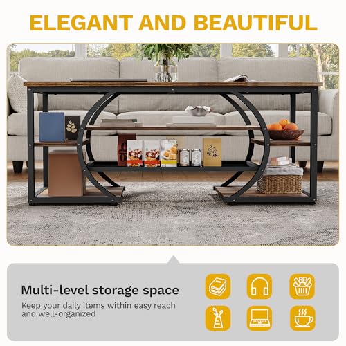 DWVO Rustic Coffee Table with Storage Shelf, 47" Wood Rectangle Center Table, 5 Tier Cocktail Tea Table, Modern Industrial Accent Table w/Arched Metal Frame for Living Room, Reception Room (Brown)