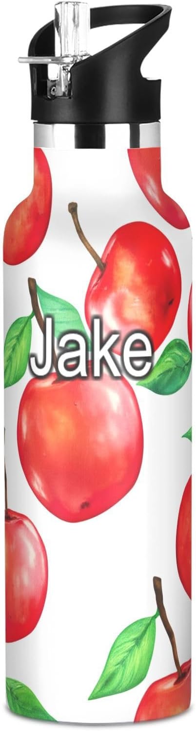 Personalized Kids Water Bottle for School Custom 20 Oz Water Bottle Insulated for Boys Girls, BPA-Free, Watercolor Red Apples White
