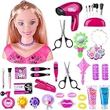 VBOOLAS Frisierkopf Kinder, 35 Stück Schminkpuppe für Mädchen mit Haartrockner und Kosmetik, Waschbarer Puppenkopf mit Haarstyling Zubehör Geschenk für Kinder ab 3 4 5 6 Jahren (A)