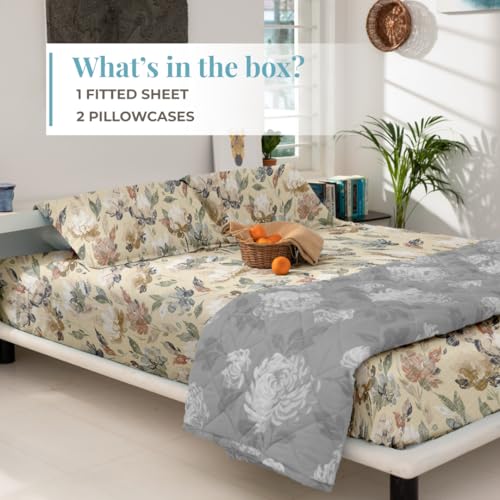 Image of Blue Dahlia 100% Cotton, King Size /Double, Elastic Fitted Bedsheet (72 inchx78 inch) + 2 Pillow Covers, Silky Smooth Feel, Fits Upto 10 inch Mattress, 300TC Printed Premium Bedsheet, Rustic Flowers Beige