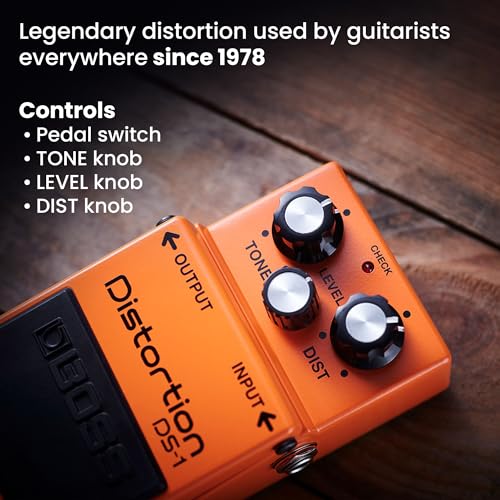 Image of Boss DS-1 Distortion Bundle with Gearlux Instrument Cable, Patch Cable, Picks, and Austin Bazaar Polishing Cloth