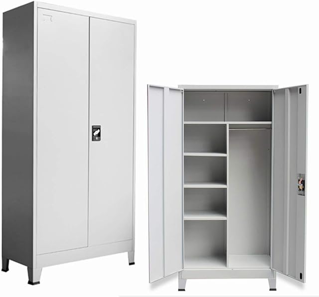Lockable Office Filing Cabinet, Metal Storage Cupboard Unit With 6 Compartments, Office Wardrobe With Hanging Rail, Light Grey (Light Grey)