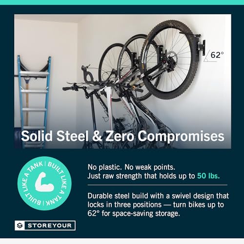 Image of StoreYourBoard Bike Hangers for Garage | Garage Bike Rack Wall Mount, Vertical Bicycle Rack for Garage | 124 Swivel Bike Wall Mount with Stopper, Holds 50lbs, Fits All Wheel Diameters, Max 2.6 inch Tires
